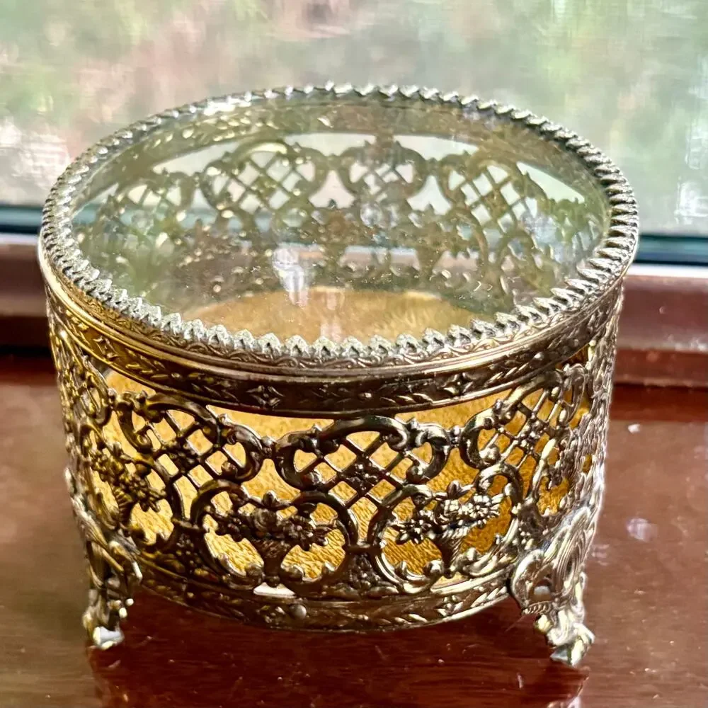 Vintage Gold Filigree Jewelry Casket Footed Trinket Box with Glass Lid
